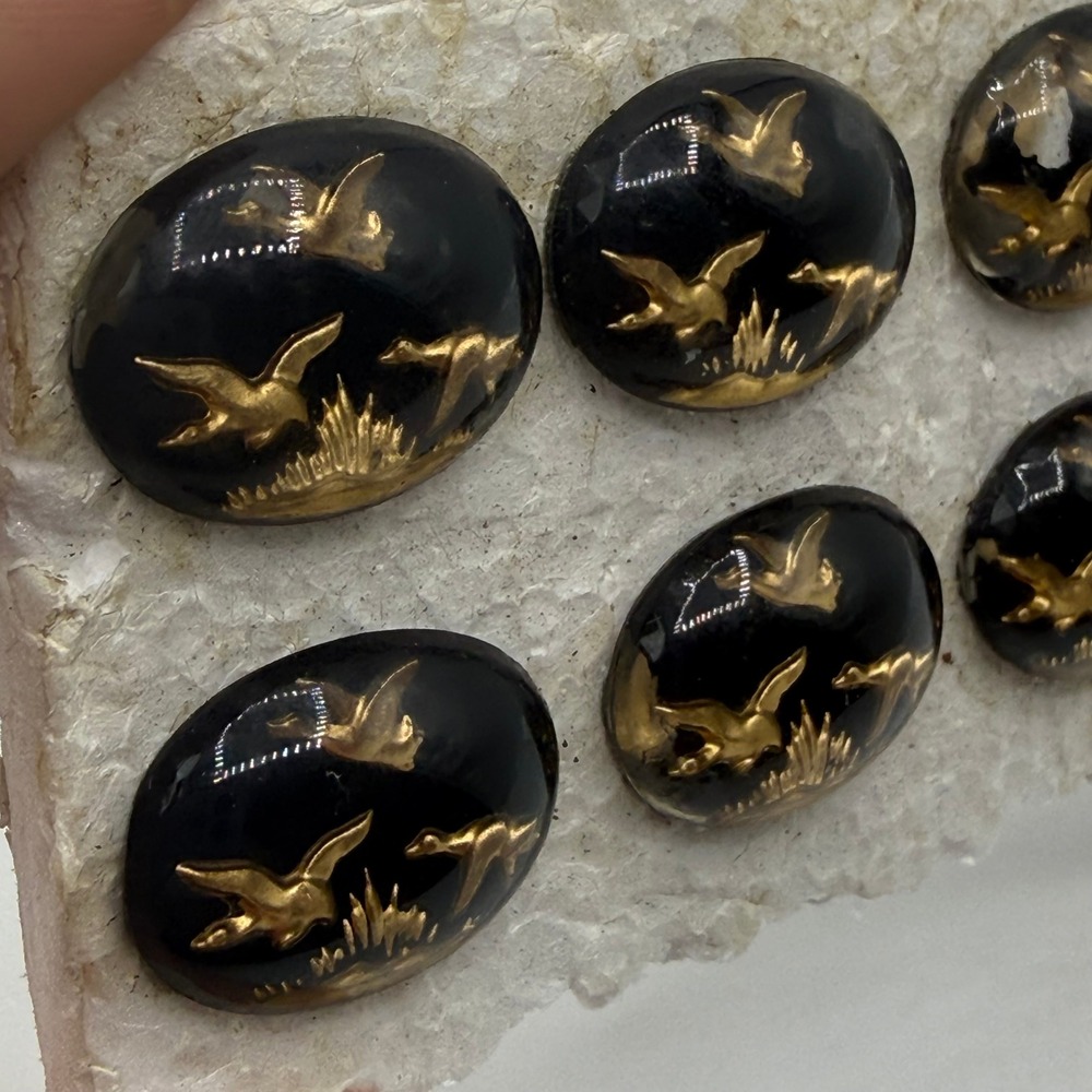Vintage Glass Cabochons 15pc Black Gold Silver Flying Ducks Birds Oval Lot